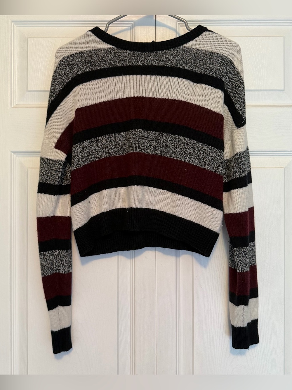 Divided Striped Crewneck Sweater in Burgundy, Black & Cream